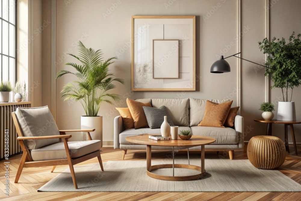 Aesthetics composition of open space interior with mock up poster frame, modern armchair, wooden coffee table, round pillow, modular sofa, coffee table and personal accessories. Home decor. Aesthetics composition of open space interior with mock up poster frame, modern armchair, wooden coffee table, round pillow, modular sofa, coffee table and personal accessories. Home decor.