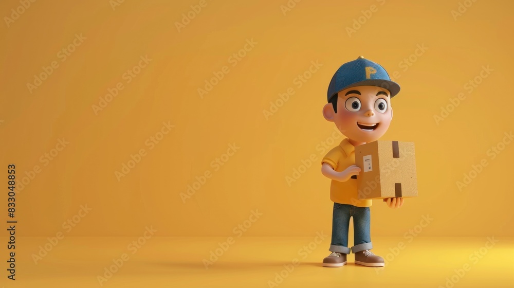 3d cartoon courier character in cap holding a cardboard box on isolated yellow background. 3d cartoon courier character in cap holding a cardboard box on isolated yellow background.
