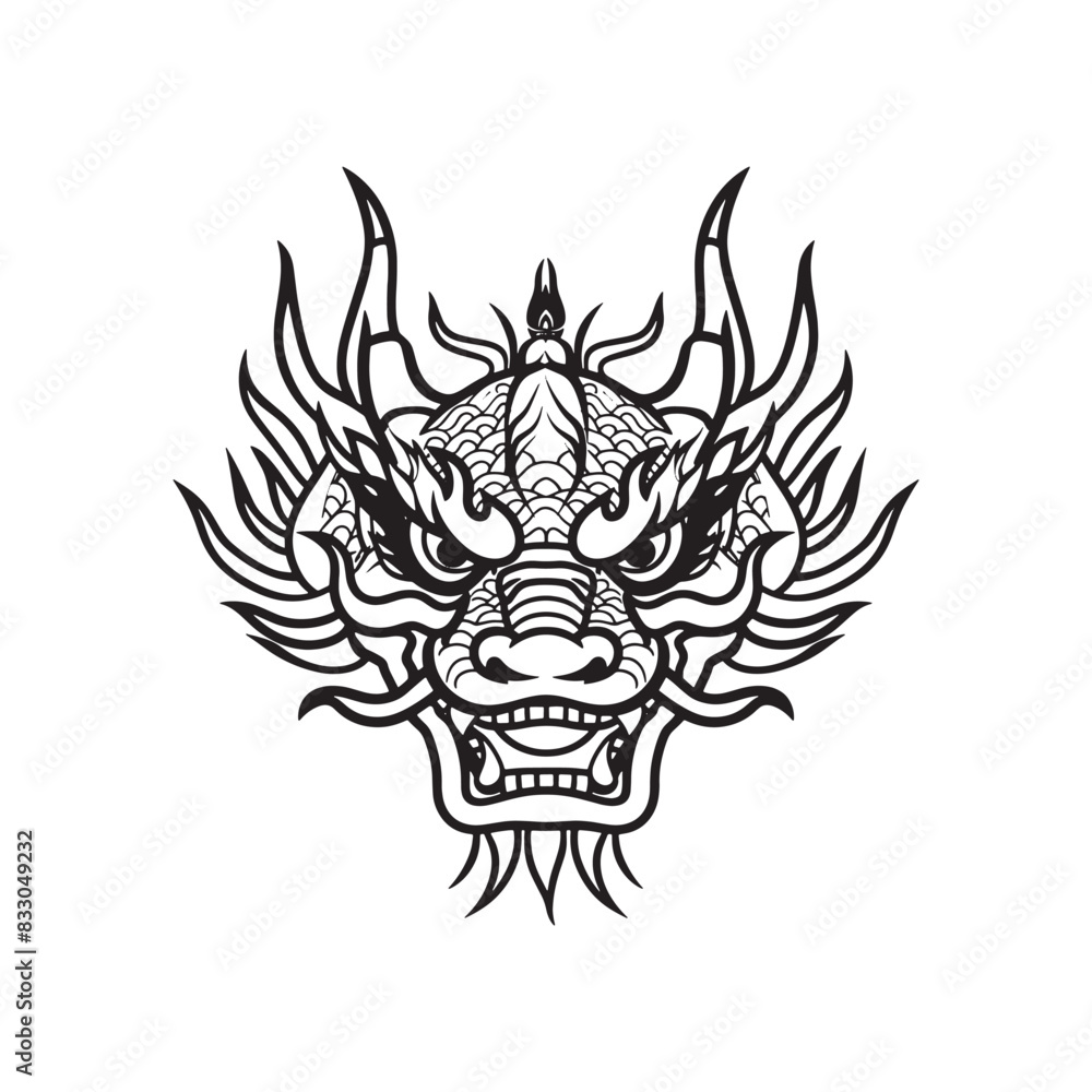 Obraz premium Black and white dragon vintage ink drawing vector illustration for t-shirt design