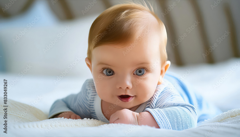 Close-up portrait of cute adorable 3-month-old caucasian baby with beautiful big blue eyes, light brown dark blonde hair, lying on fluffy white blanket on bed. Close-up portrait of cute adorable 3-month-old caucasian baby with beautiful big blue eyes, light brown dark blonde hair, lying on fluffy white blanket on bed.