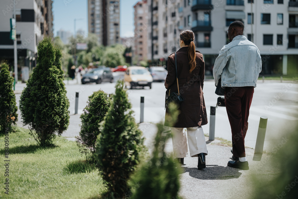 A stylish young couple strolls down a city sidewalk, surrounded by greenery and residential buildings, in a tranquil urban environment. A stylish young couple strolls down a city sidewalk, surrounded by greenery and residential buildings, in a tranquil urban environment.