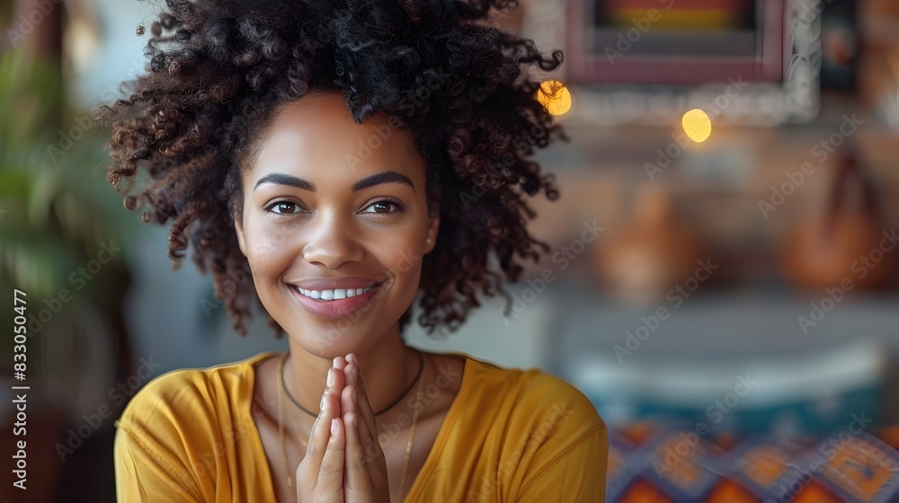 Woman Expressing Gratitude with Warm and Heartfelt Smile and Clasped Hands Woman Expressing Gratitude with Warm and Heartfelt Smile and Clasped Hands