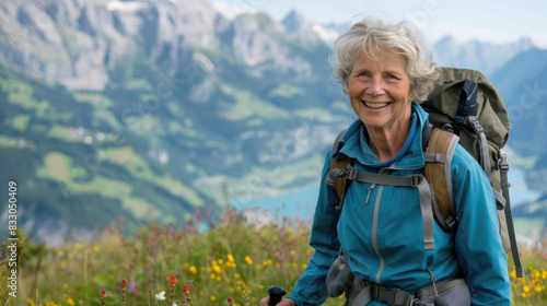 Portrait of smiling elderly woman with backpack and trekking poles in mountains