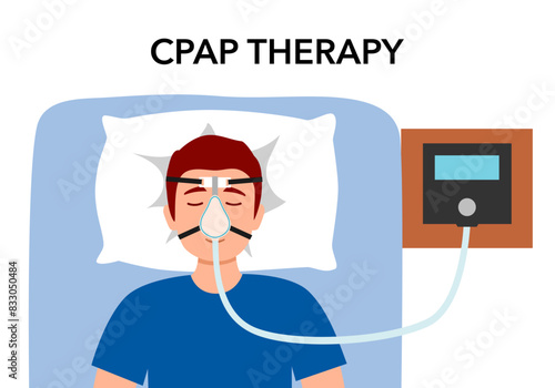 Man with sleep apnea syndrome wearing cpap machine in flat design.