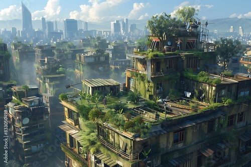 A sprawling shantytown built on the rooftops of a forgotten metropolis, with makeshift homes and gardens clinging precariously to the buildings. photo