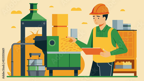 An engineer checks and maintains the complex machinery used in the wood pellet production process ensuring it runs smoothly and safely.. Vector illustration