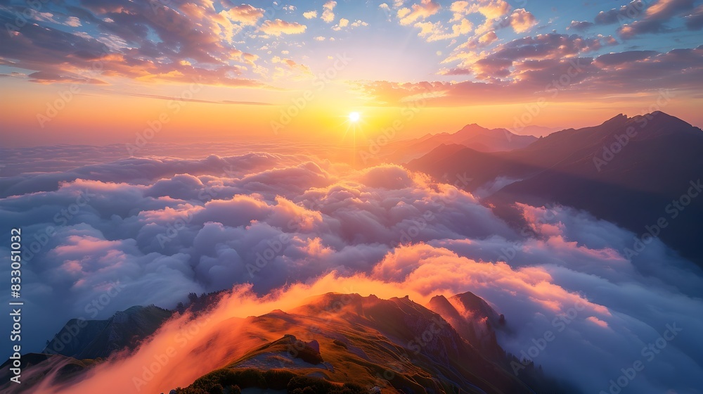 Fototapeta premium Mesmerizing Mountain Sunrise Painting the Sky with Vibrant Colors and Illuminating a Sea of Clouds