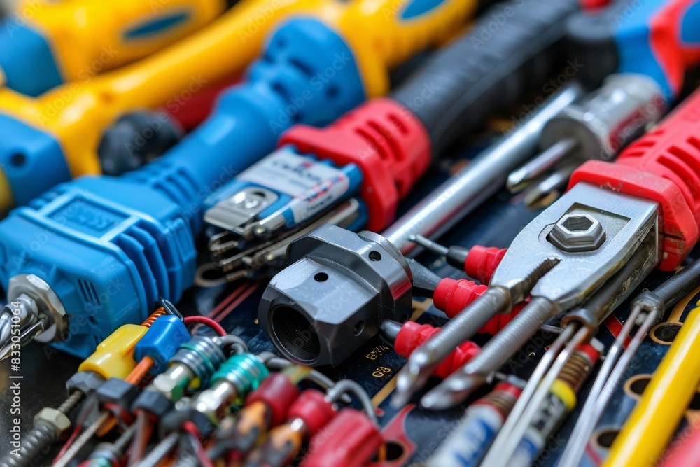 A detailed image of an electrician's toolkit with various electrical instruments and tools A detailed image of an electrician's toolkit with various electrical instruments and tools