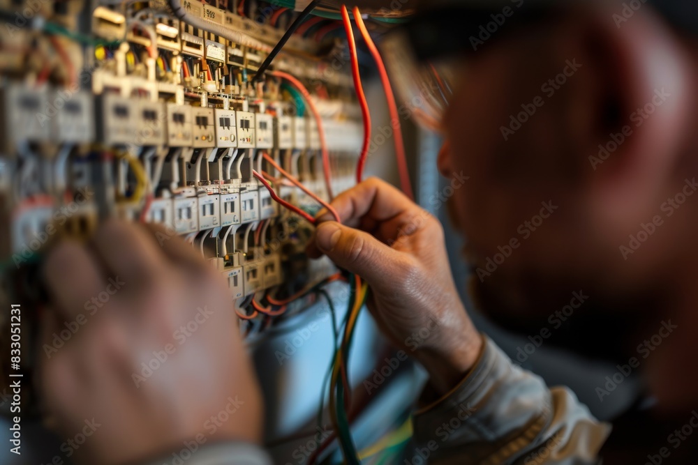 A detailed shot of an electrician connecting wires in an electrical junction box A detailed shot of an electrician connecting wires in an electrical junction box