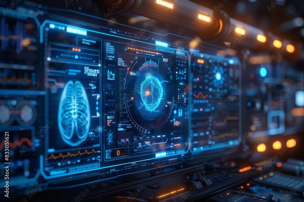 Futuristic medical technology interface displaying advanced data analysis and health diagnostics on digital screens in a high-tech environment. Futuristic medical technology interface displaying advanced data analysis and health diagnostics on digital screens in a high-tech environment.