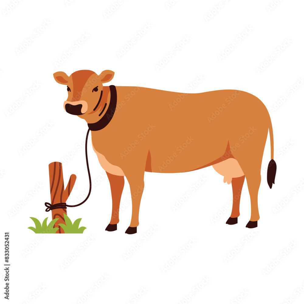 Illustration of a brown cow tied to a wooden post on a patch of grass