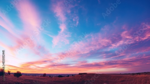 clear blue sky at sunset, with the sky ablaze with hues of orange, pink, and purple  photo