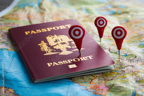 Pins Marking Travel Itinerary Points on Map with Two Passport