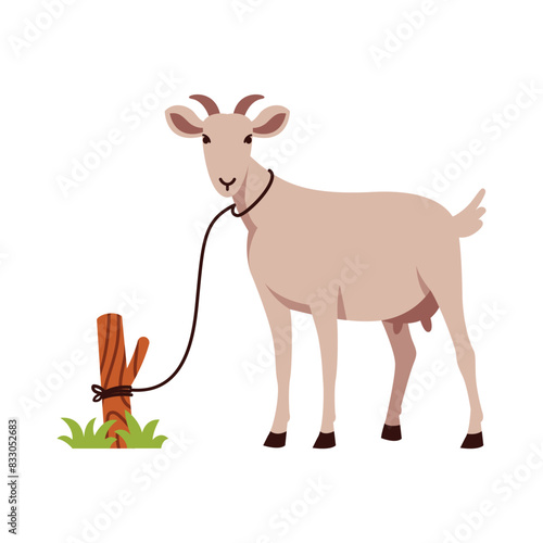 Cartoon goat standing tied to a wooden post with grass around it, in a bright and cheerful style.