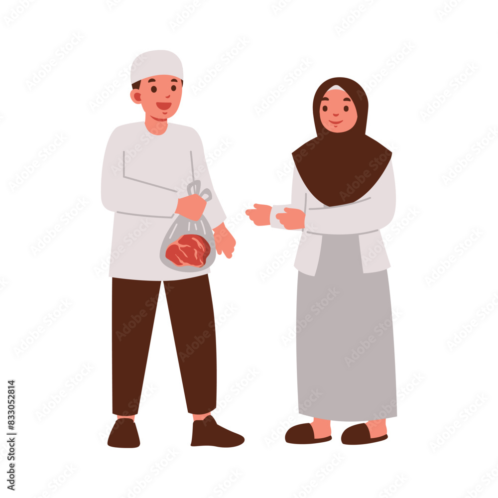 Illustration of a man and a woman exchanging meat in a traditional gesture of Eid celebration. Illustration of a man and a woman exchanging meat in a traditional gesture of Eid celebration.