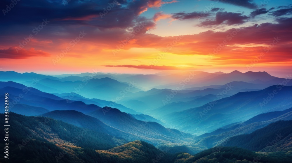 Fototapeta premium sunrise over a mountain range, with the peaks bathed in golden light and the sky filled 