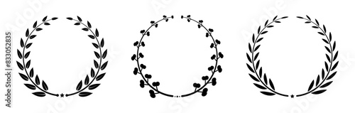 Laurel wreath leaf circle template design for logo elements collection. Black leaf award glyph pictogram. Winner Chaplet. Laurel wreath silhouette icon set. Vintage olive leaves emblem vector.