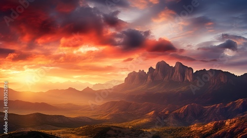 sunrise over a mountain range  with the peaks bathed in golden light and the sky filled 