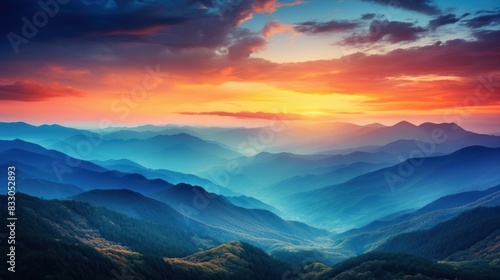 sunrise over a mountain range  with the peaks bathed in golden light and the sky filled 