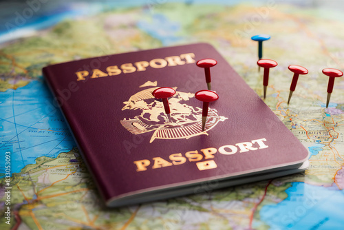 Pins Marking Travel Itinerary Points on Map with Two Passport