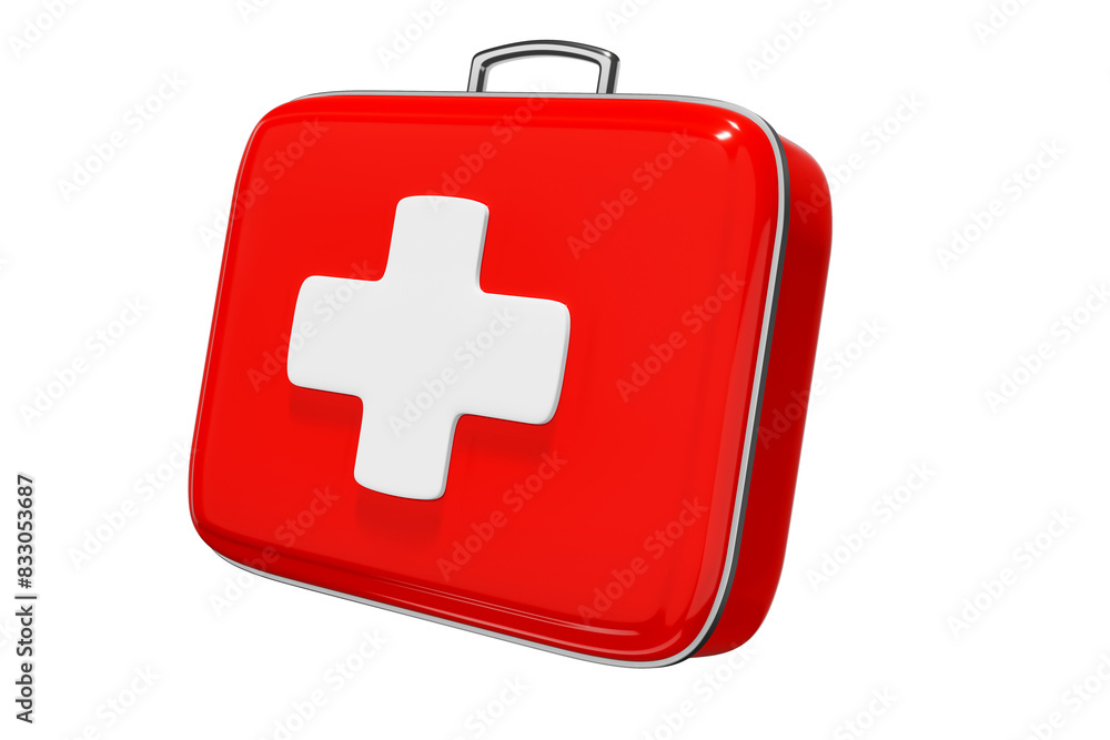 Obraz premium First aid kit, red medicine box, emergency car, ambulance medical assistance Care and assistance emergency accident concept 3D illustrated icons - clipping path