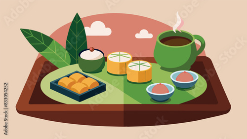 The tea is served on a multifunctional platter displaying handcrafted bamboo trays silk pouches of tea leaves and artisanal sweets.. Vector illustration