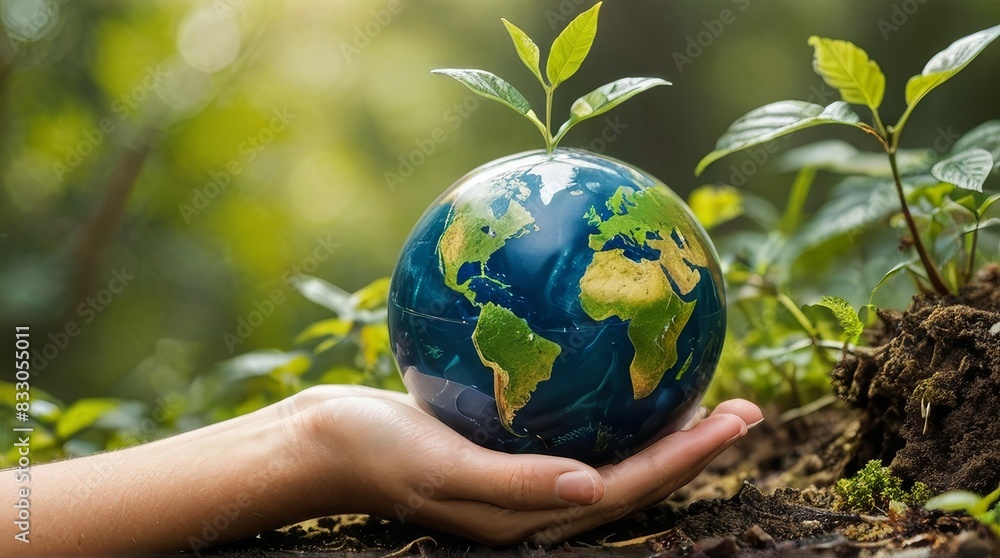 Hand Holding Globe with Green Sprout Hand Holding Globe with Green Sprout
