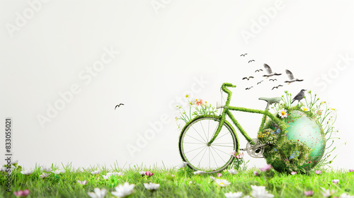 A bicycle and earth globe covered in grass and flowers, set in a vibrant meadow with birds flying around. World bicycle day background with copy space
