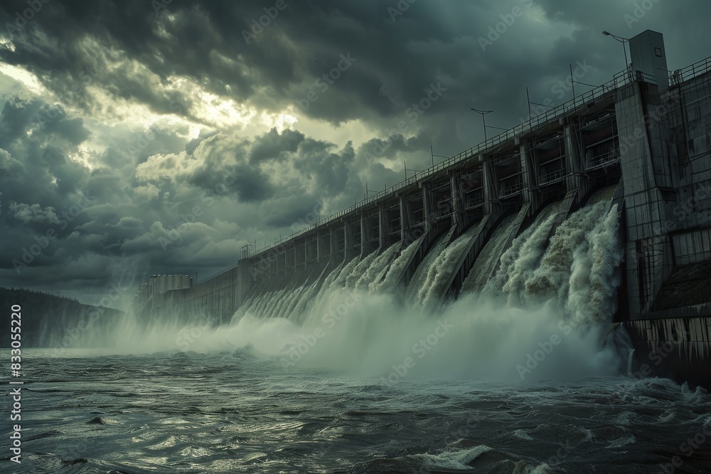 A panoramic view of a hydroelectric dam during a thunderstorm, highlighting the resilience and power of the structure A panoramic view of a hydroelectric dam during a thunderstorm, highlighting the resilience and power of the structure