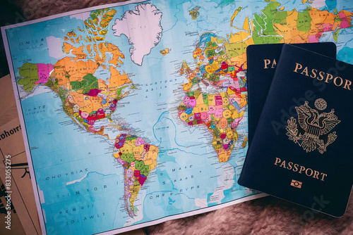 Pins Marking Travel Itinerary Points on Map with Two Passport
