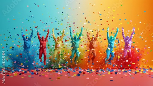 Celebrating Diversity Figures with confetti or celebrating, showcasing the positive impact of diversity and inclusion