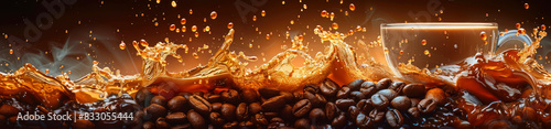 Panorama photo of a cup of coffee with coffee splash