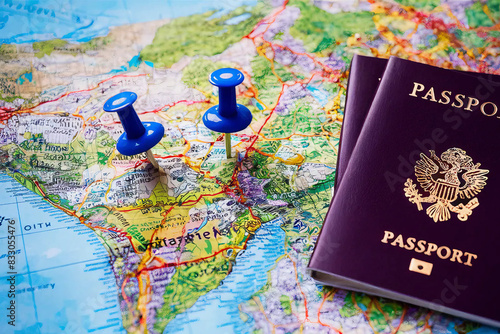 Pins Marking Travel Itinerary Points on Map with Two Passport
