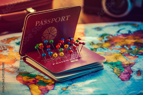 Pins Marking Travel Itinerary Points on Map with Two Passport
