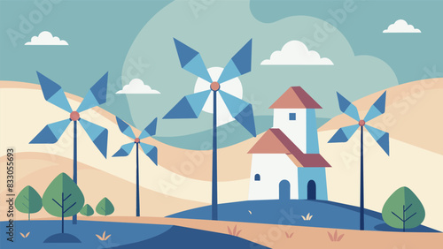 The soft gentle hum of the windmills sails turning in the wind is a calming and reassuring presence for those who live nearby.. Vector illustration