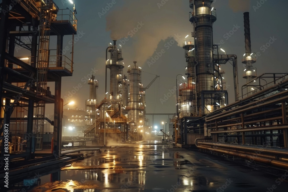 A powerful image of an oil refinery during a maintenance shutdown, with workers inspecting and repairing equipment A powerful image of an oil refinery during a maintenance shutdown, with workers inspecting and repairing equipment