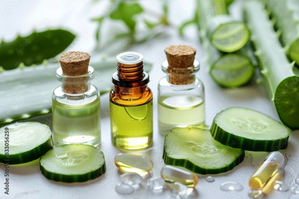 A refreshing image of essential oils with cucumber slices and aloe vera leaves A refreshing image of essential oils with cucumber slices and aloe vera leaves
