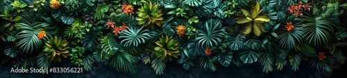 Amidst the verdant green, the bright tropical flowers catch the eye, their vibrant hues contrasting with the foliage like splashes of color that bring the natural canvas to life.