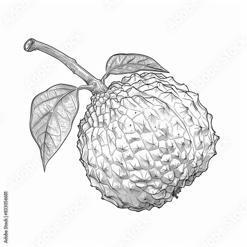 Intricate black and white sketch of a cherimoya fruit with leaves, showcasing botanical art and detailed illustration techniques. photo