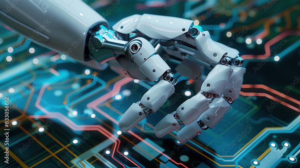 Fototapeta premium Artificial intelligence, robotic hands and integrated circuit boards