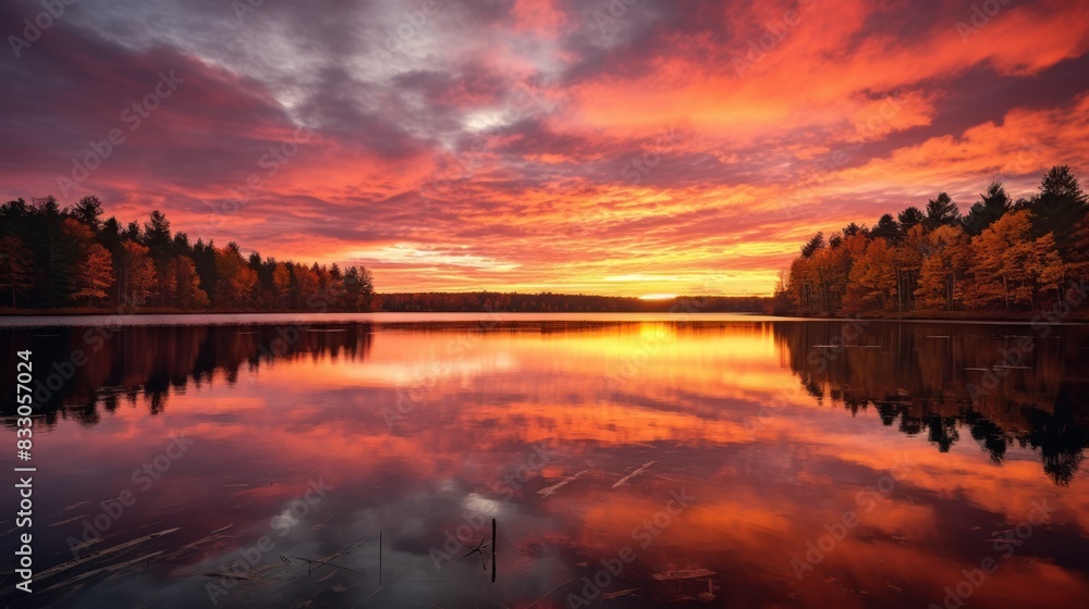 Obraz premium autumn sky, with leaves in shades of red, orange, and yellow reflected in a still lake. 