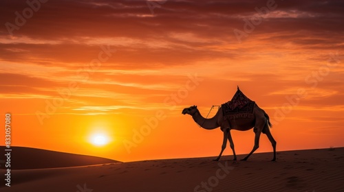 a lone camel silhouetted against a vibrant orange sunset in a desert 