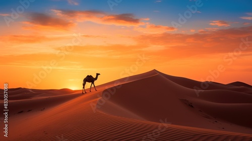 a lone camel silhouetted against a vibrant orange sunset in a desert 