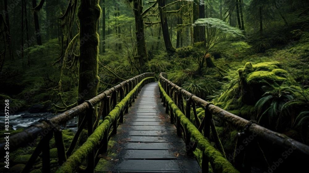 winding wooden bridge, traversing a moss-covered ravine winding wooden bridge, traversing a moss-covered ravine