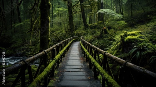 winding wooden bridge  traversing a moss-covered ravine 