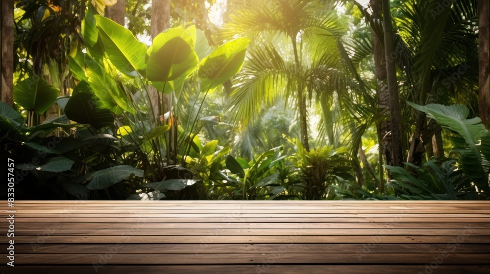wooden plank floor with tropical tree garden background wooden plank floor with tropical tree garden background