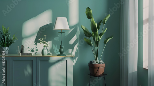 A serene living room with green walls, decorated with indoor plants and a table lamp casting gentle shadows. The natural light from the window adds to the calming ambiance.  mockup photo