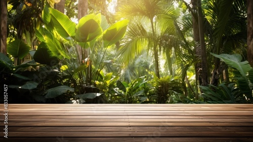 wooden plank floor with  tropical tree garden background 