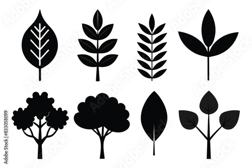 Set of flat illustrations of black plants, trees, leaves vector on white background