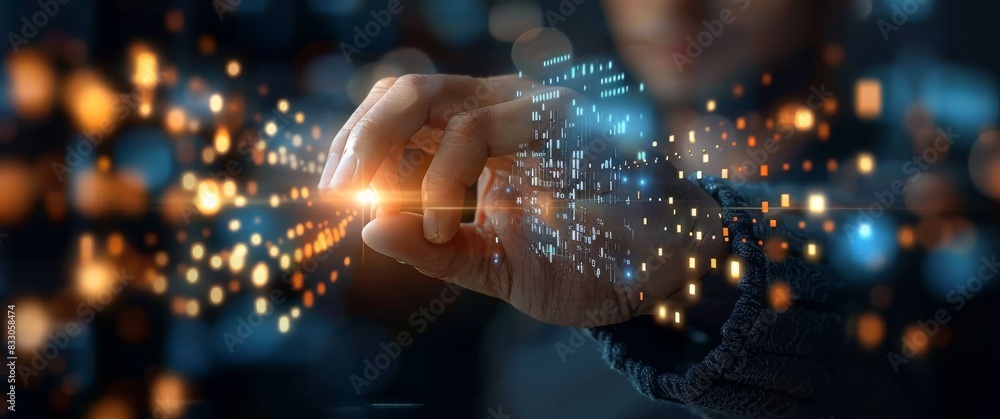 An image of a businessman pressing modern buttons against a virtual background An image of a businessman pressing modern buttons against a virtual background